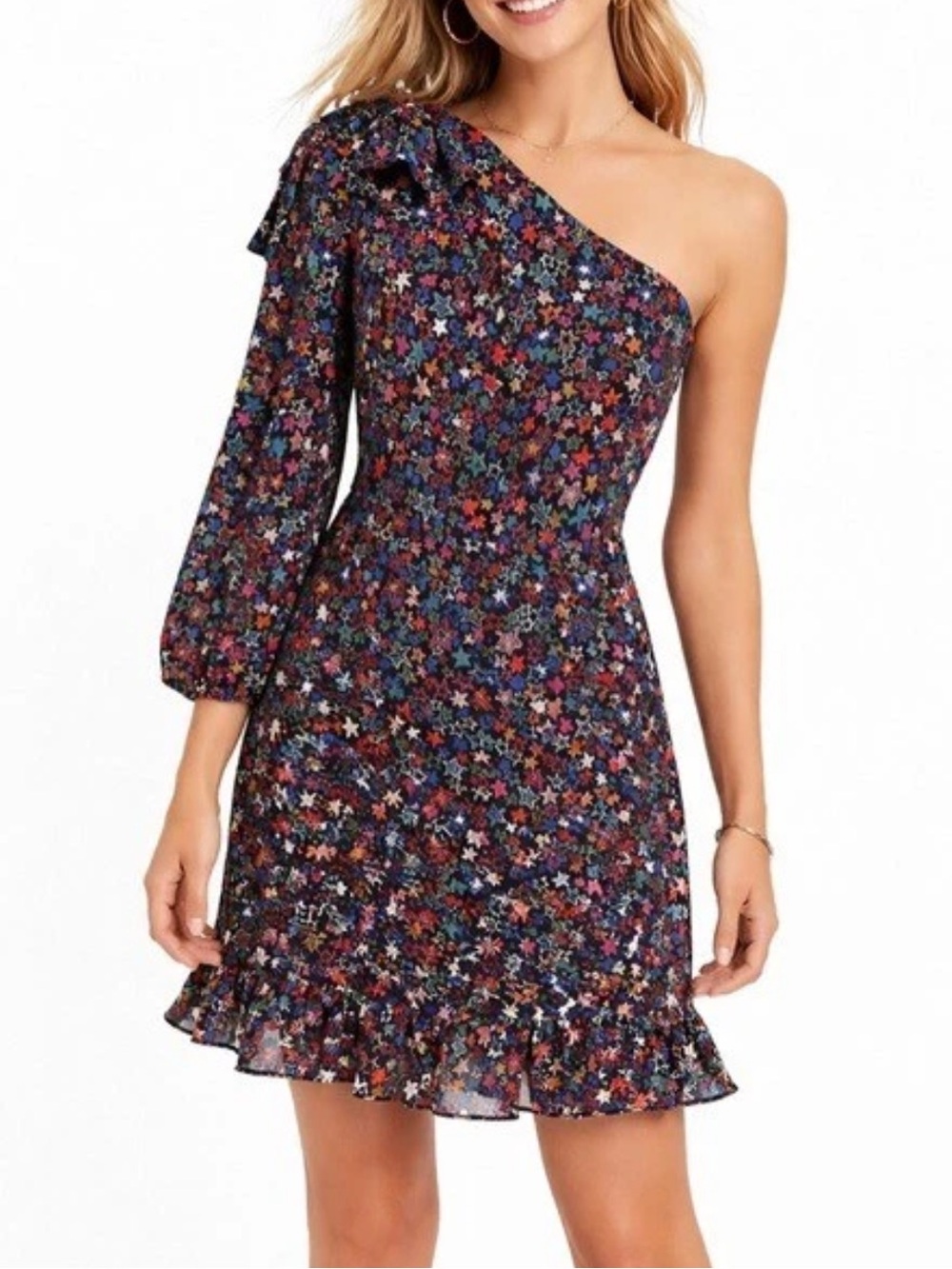 J.Crew One-Shoulder Star Print Mini Ruffle Hem Party Cocktail Dress Size 14